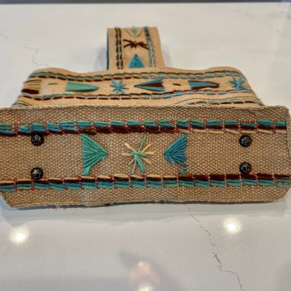 Vintage Jute Market Mini Tote Bag Handmade with Turquoise and Brown Boho Pattern - Picture 3 of 7